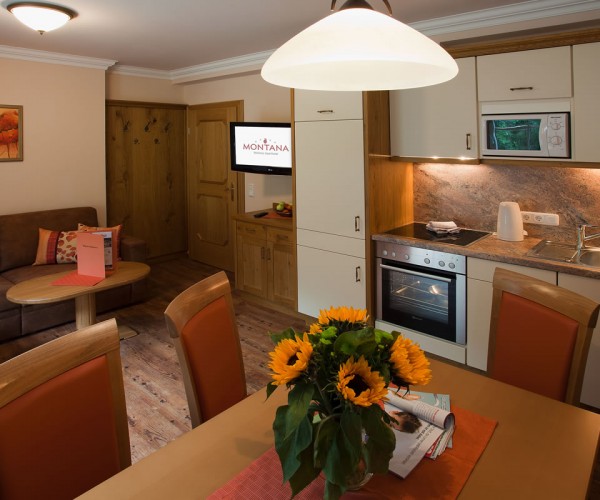Wohnbereich mit voll ausgestatteter Küche, Couch und Essecke